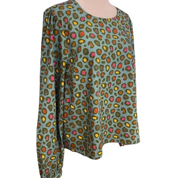 Anthropologie Farm Womens Rio Hanya Puff Sleeve Blouse Leopard Blue Size Medium - Picture 6 of 12